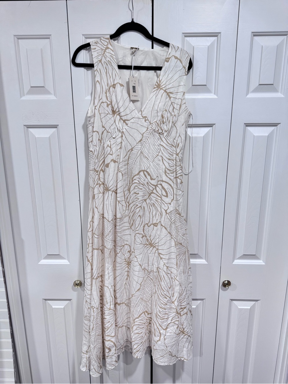Magaschoni White Midi Dress with Tan Botanical Print
